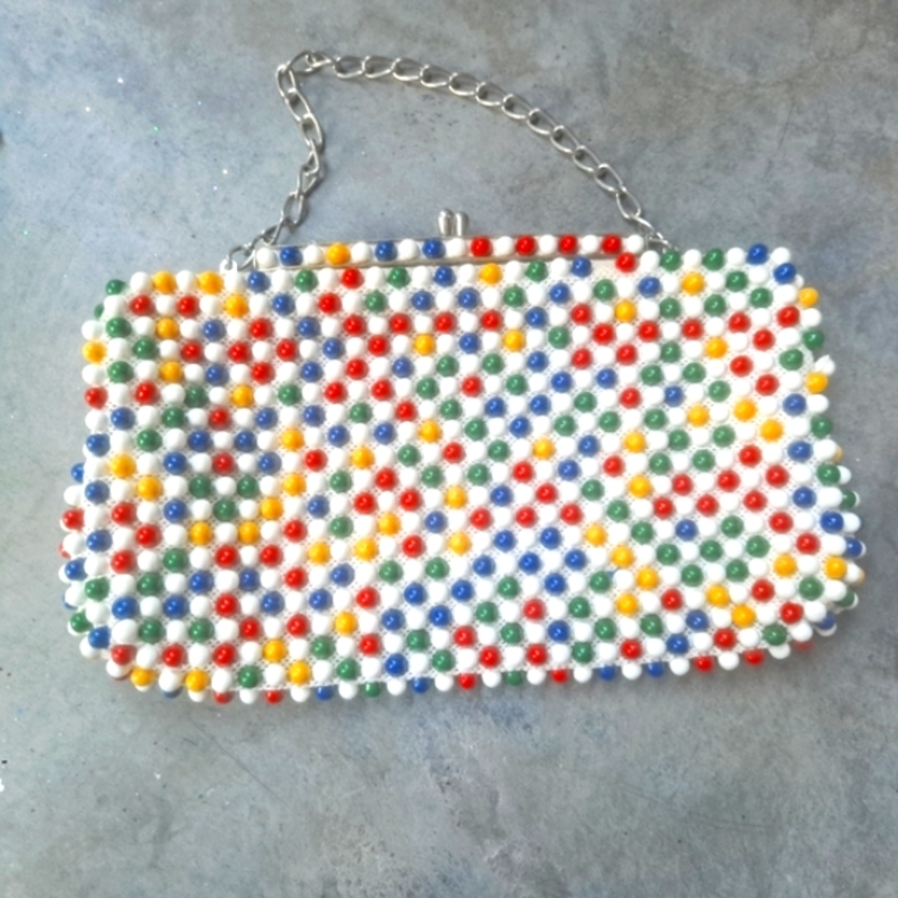 Vintage 1950's Bubble Beads Purse Yellow, Red, & Geen Handbag - Picture 2 of 12